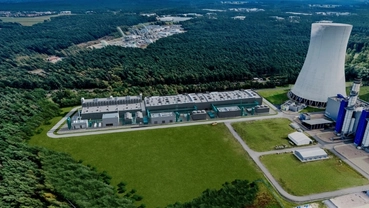 Aerial view of an industrial hydrogen production site with electrolyser facility