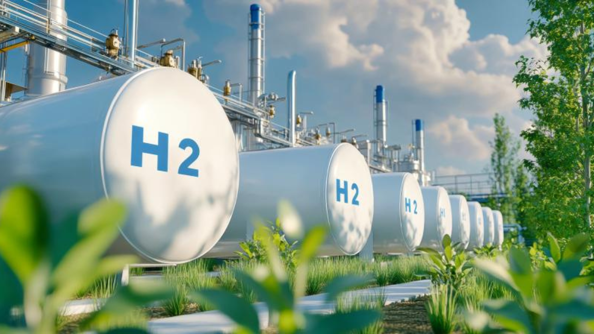 Hydrogen storage tanks labeled H2 at a clean energy production facility