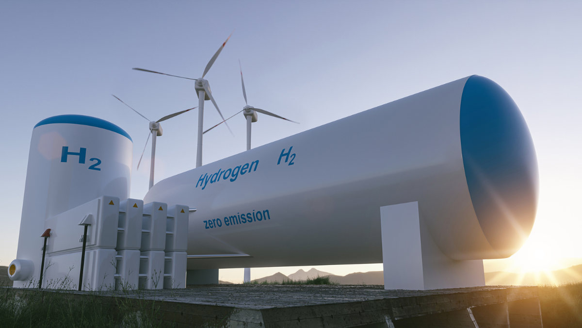 Hydrogen storage tanks and wind turbines powering zero-emission energy system