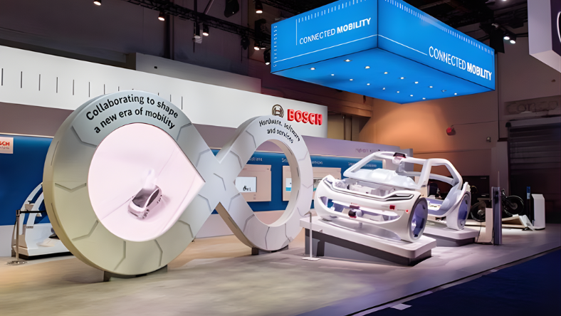 Bosch connected mobility exhibition stand displaying hydrogen fuel-cell truck chassis